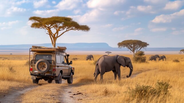 car in African safari. herd of elephants, consisting of at least five individuals, are visible. There appear to be three trees, possibly acacia, in the vicinity of the animals and vehicle