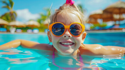 A little girl in sunglasses in the pool. AI.