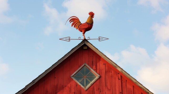 A traditional red barn with a weathervane in the shape of a rooster, symbolizing good luck and prosperity. 