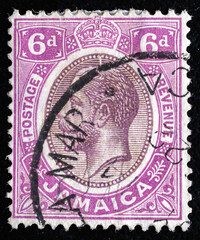 Ukraine, Kiyiv - February 3, 2024.postage stamp depicting portrait of King George V 1900.He was King of the United Kingdom. Jamaica is an island country situated in the Caribbean Sea. Philately.