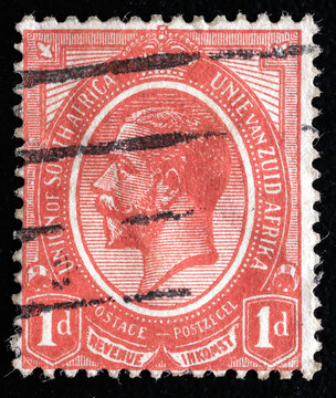 Ukraine, Kiyiv - February 3, 2024.Postage stamps from South Africa.Postage stamp printed in South Africa shows King George V, serie, circa 1913.Philately.