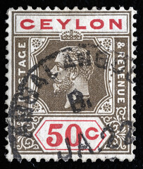 Ukraine, Kiyiv - February 3, 2024.Postage stamps from CEYLON (Sri Lanka).A stamp printed in the Ceylon shows King George V, circa 1920.Postage stamps from different countries and times