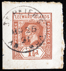 Ukraine, Kiyiv - February 3, 2024.Postage stamps from LEEWARD ISLANDS.A stamp printed in the Ceylon...