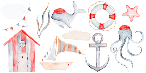 Marine cartoon watercolor set. Hand drawn drawings of nautical creatures and objects. House, octopus, flags, whale, seaweed, boat with sail, lifebuoy and starfish. Clip art in soft pastel colors on an