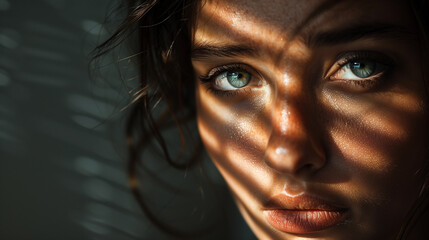 woman with a shadow from light on her face, ai