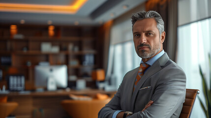 Fototapeta premium A modern boss with grey hair in a well-tailored suit exudes confidence in a luxurious office environment.