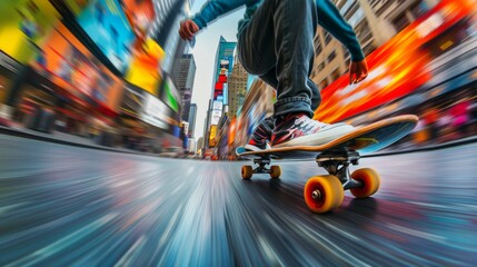 Dynamic view of a skateboarder in motion on a city street with blurred urban background.