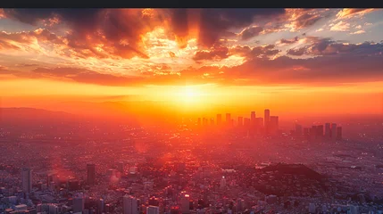 Tuinposter Majestic City Skyline at Sunset, Offering a Panoramic View of Urban Splendor and the Transition of Day to Night © Jahid