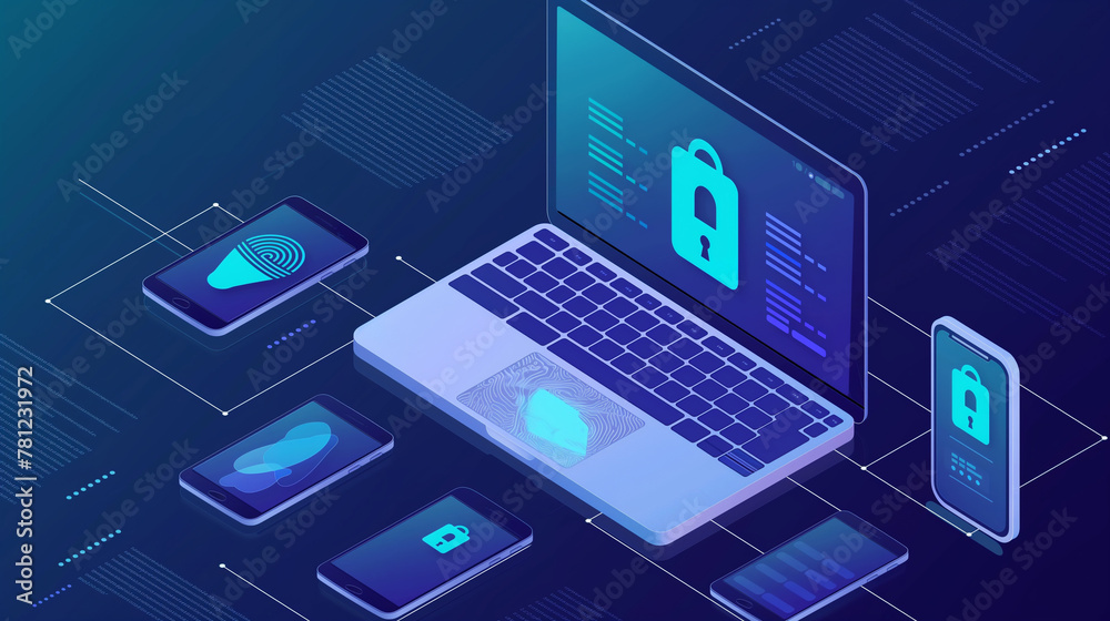 Poster modern digital devices cyber security concept illustration, multiple devices secured networking cybe