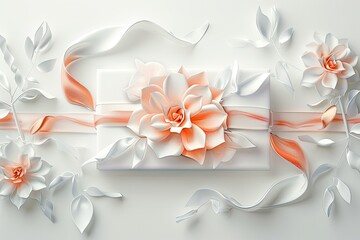 Elegant Box Gift Card With Peach And White Ribbon, Floral Shape On White Background
