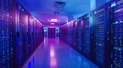 High-tech server room with illuminated racks in a data center.