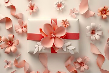 Elegant Box Gift Card With Peach And Red Ribbon, Floral Shape On White Background