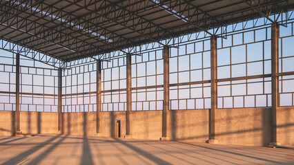 Steel wall framework structure with metal columns and curve roof inside of large industrial factory...