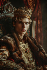 attractive masculine  young man, he is prince or king with sensitive gaze, wearing crown, sitting on the throne, fictional character, romantic, fantasy historical book	