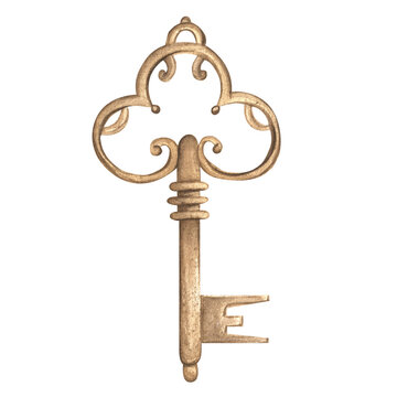An antique key. An old antiquarian key . Vintage key in ochre color. Monochrome clip art. Hand-drawn watercolor illustration. 