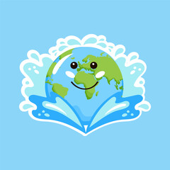 Planet Earth cute character with splash water. Hand drawn vector.