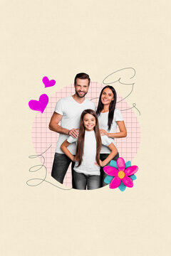 Collage artwork graphics picture of charming smiling dad little daughter enjoying time together isolated painting background