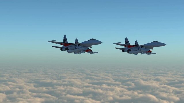 Synchronous flight of a pair of Russian fighters su 30 cm