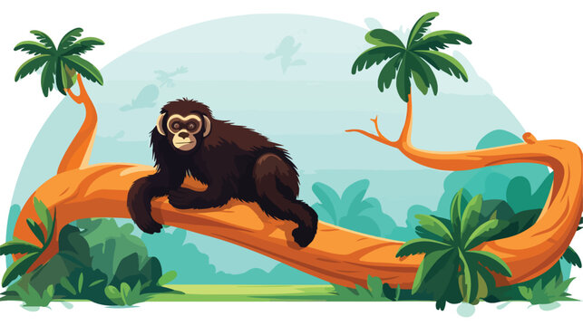 Illustration of a gibbon relaxing under a tree 2d f