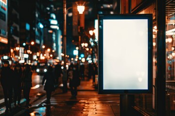 Blank white vertical digital billboard poster on city street night, blurred urban background, mockup