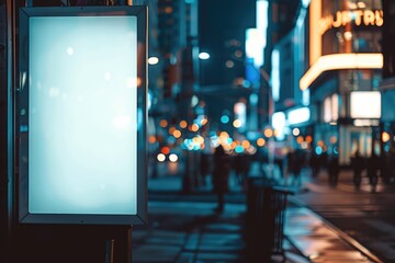Blank white vertical digital billboard poster on city street night, blurred urban background, mockup - obrazy, fototapety, plakaty