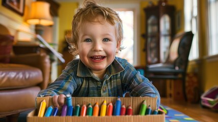 A child eagerly opening a new box of crayons. 