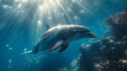Ocean Harmony: Beneath the azure waves, a scene of tranquility unfolds as a swimmer glides effortlessly alongside a majestic dolphin. Sunlight dances through the water, casting eth