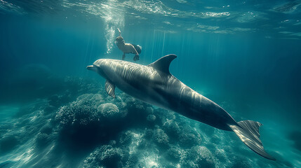 Fototapeta premium Ocean Harmony: Beneath the azure waves, a scene of tranquility unfolds as a swimmer glides effortlessly alongside a majestic dolphin. Sunlight dances through the water, casting eth