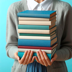 a woman sitting at a table and holding a stack of books in her hands.