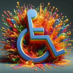 3d wheelchair exploding in colorful paint - obrazy, fototapety, plakaty