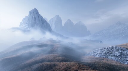 3D rendering of Majestic foggy view of the National Park Tre Cime di Lavaredo with rifugio Locatelli. Dolomites, South Tyrol. Location Auronzo, Italy, Europe. Dramatic scene. Beauty world