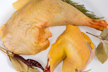 Raw chicken pieces among the different dry spices close-up © An-T