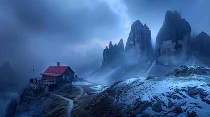 3D rendering of Majestic foggy view of the National Park Tre Cime di Lavaredo with rifugio Locatelli. Dolomites, South Tyrol. Location Auronzo, Italy, Europe. Dramatic scene. Beauty world - obrazy, fototapety, plakaty