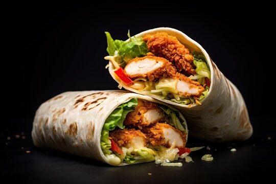 Chicken wrap sandwich with fried meat in tortilla. Ai generative