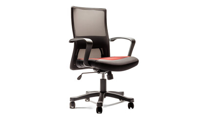 Fototapeta premium Modern ergonomic office chair with black and red mesh back and seat and black base on white background