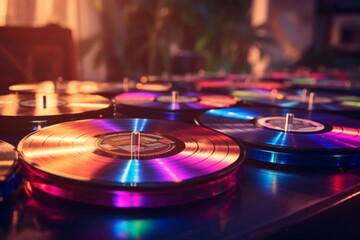 Vintage vinyl records with enhanced scratches and light leaks, embodying retro music appreciation - obrazy, fototapety, plakaty