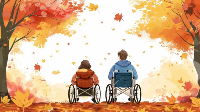 illustration of Peaceful handicapped one young man and one young woman embrance from behind, in wheelchairs in autumn park. View from the back