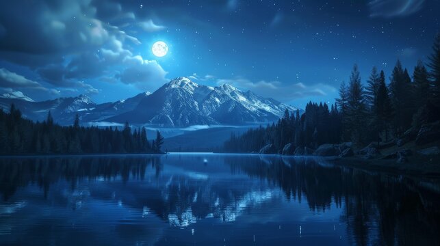 3D rendering of Fantastic mountain lake in National Park. Dramatic scenery. Strbske pleso, Beauty world, in full mooon night, yellow light