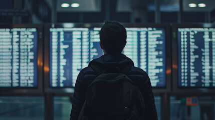 a man stands at the flight board at the airport