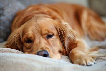 Golden Retriever resting head on paws with melancholic expression on beige blanket, shallow focus.