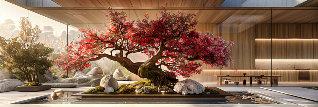 Miniature Bonsai Tree on Wooden Surface, Symbolizing the Art of Japanese Gardening and the Beauty of Miniature Landscapes