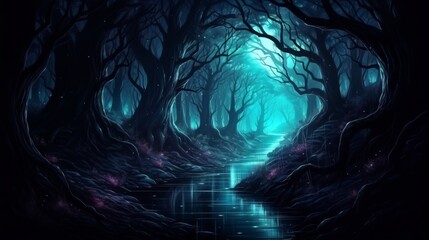 Enchanted forest scene glowing lights in dark night, turquoise and pink hues under moonlight