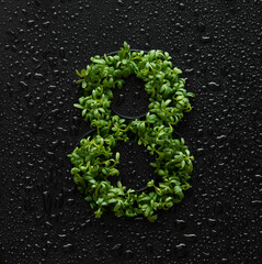Number eight is created from young green arugula sprouts on a black background covered with water drops.