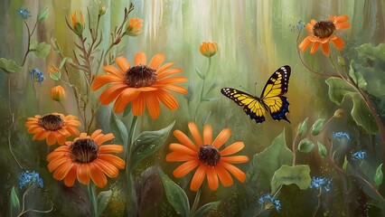 a painting of a butterfly sitting on a flower