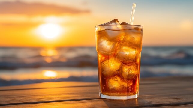 Soothing sunset scene glass of ice tea on beach with ample free space for text, relaxing atmosphere