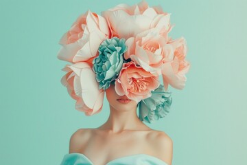 A young woman with a large, extravagant floral headpiece covering her head stands against a soft pastel background.