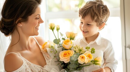 Fototapeta na wymiar Son Gives Joyful Mother Flowers on Mother's Day