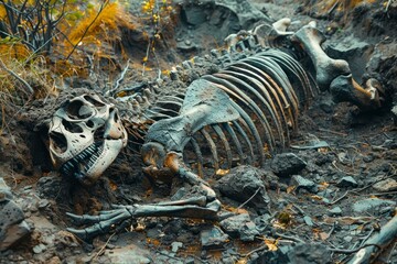 A dinosaur skeleton lies exposed within an excavation site, showcasing its fossilized bones against...