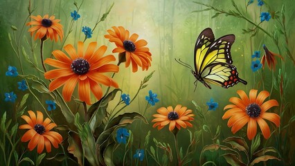 Fototapeta premium a painting of a butterfly sitting on a flower
