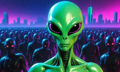 Green skinned alien with large black eyes and a crowd of similar aliens in the background